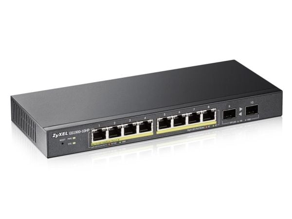 Zyxel GS1900-10HP - Switch - smart - 8 x 10/100/1000 (PoE+) + 2 x Gigabit SFP - stasjonær, veggmonterbar - PoE+ (77 W)
