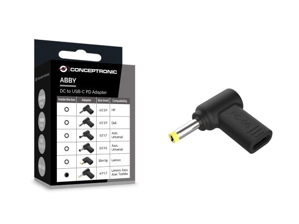 Conceptronic - Strømadapter - 24 pin USB-C (hunn) til 4,0 x 1,7 mm DC-jakk (hann) vinklet - DC 18 - 20 V - 5 A - støtte for Power Delivery 3.0, USB...