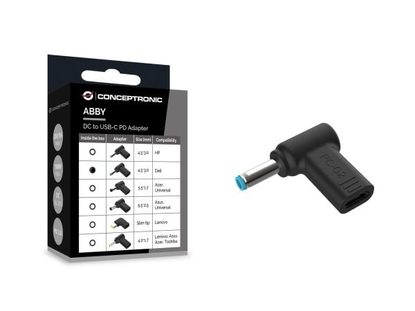 Conceptronic - Strømadapter - 24 pin USB-C (hunn) til 4,5 mm x 3,0 mm DC-jakk (hann) vinklet - DC 18 - 20 V - 5 A - støtte for Power Delivery 3.0, ...