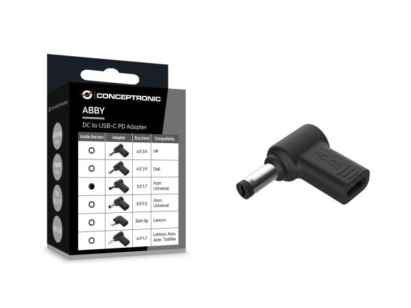 Conceptronic - Strømadapter - 24 pin USB-C (hunn) til 5,5 x 1,7 mm DC-jakk (hann) vinklet - DC 18 - 20 V - 5 A - støtte for Power Delivery 3.0, USB...
