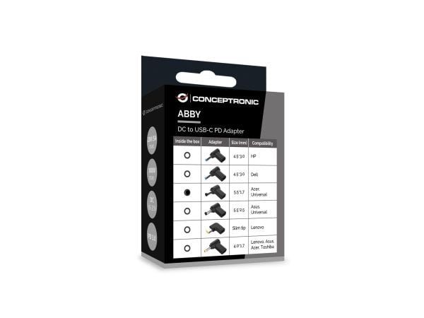 Conceptronic - Strømadapter - 24 pin USB-C (hunn) til 5,5 x 1,7 mm DC-jakk (hann) vinklet - DC 18 - 20 V - 5 A - støtte for Power Delivery 3.0, USB...