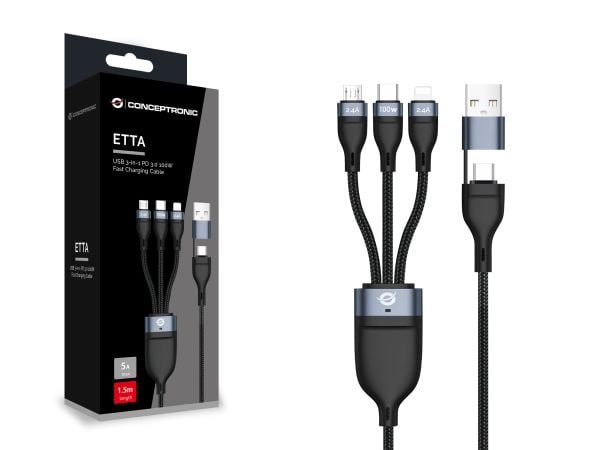 Conceptronic ETTA06B15, 1,5 m, USB C, USB C/Micro-USB B/Lightning, USB 2.0, 0,48 Gbit/s, musta