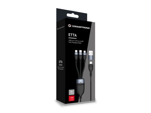 Conceptronic ETTA06B15, 1,5 m, USB C, USB C/Micro-USB B/Lightning, USB 2.0, 0,48 Gbit/s, musta