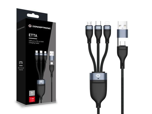 Conceptronic ETTA05B15, 1,5 m, USB C, USB C/Micro-USB B/Lightning, USB 2.0, 0,48 Gbit/s, Sort