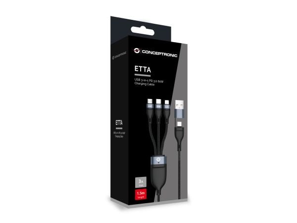 Conceptronic ETTA05B15, 1,5 m, USB C, USB C/Micro-USB B/Lightning, USB 2.0, 0,48 Gbit/s, Sort