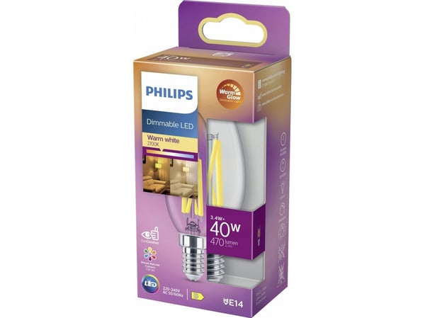 Philips - LED-filamentlyspære - form: B35 - klar finish - E14 - 3.4 W (ekvivalent 40 W) - klasse D - varmt hvitt lys - 2200-2700 K