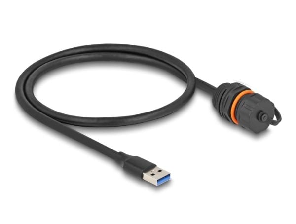 Delock USB 5 Gbps -kaapeli USB Type-A uros USB Type-A naarasliitäntään asennusta varten M20-kierteellä ja IP68-tiivistyskorkilla varustettuna