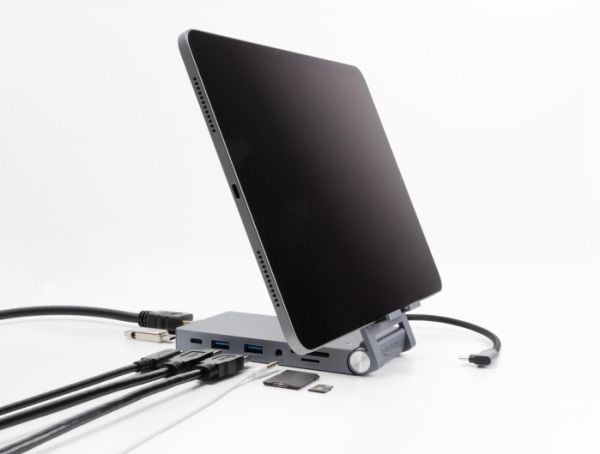 Delock dokkingstasjon for nettbrett og bærbar PC 4K med integrert holder - HDMI/USB/Hub/SD/Micro SD/PD 3.0 - sammenleggbar