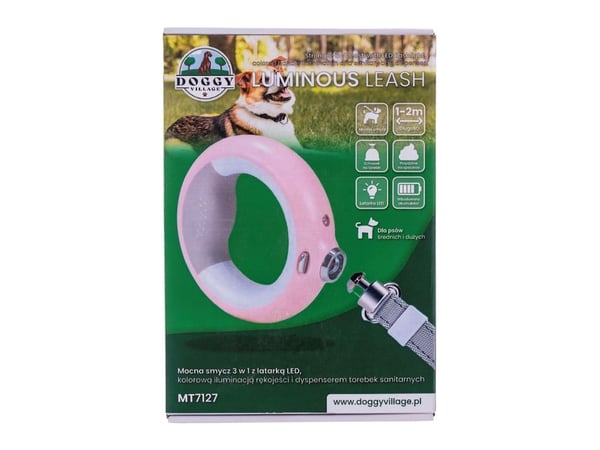 Doggy Village LUMINOUS koppel 3-i-1 med LED-lampa, färgad handtagsbelysning och hygienisk påsdosering, för medelstora och stora hundar, rosa