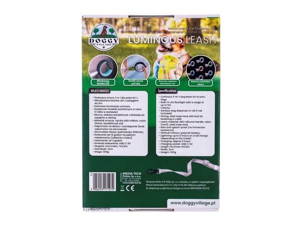 Doggy Village LUMINOUS koppel 3-i-1 med LED-lampa, färgad handtagsbelysning och hygienisk påsdosering, för medelstora och stora hundar, rosa