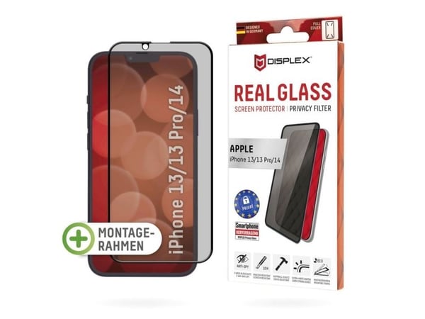 DISPLEX Real Glass - Matkapuhelimen näytönsuoja - 3D - lasi - yksityisyyssuodattimella - 2-suuntainen - liimaava - kehyksen väri musta - Apple iPho...