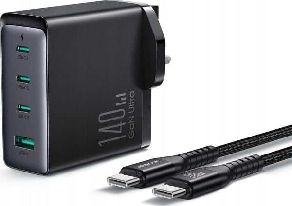 Veggladere Joyroom JR-TCG05UK 140W 5A 1x USB-A - 3x USB-C med USB-C-kabel UK svart