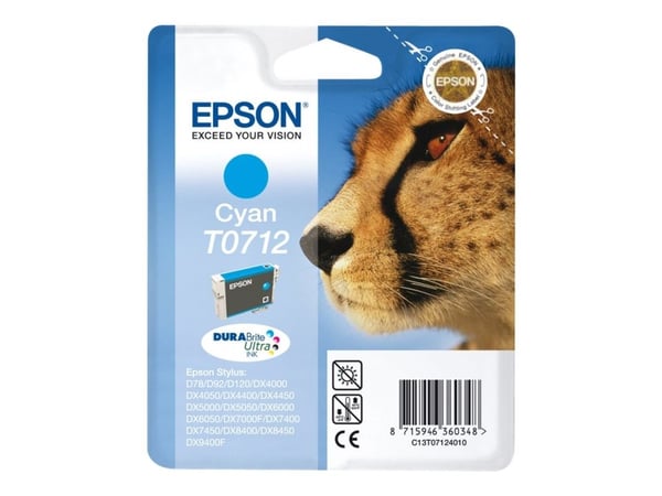 Epson T0712 - 5,5 ml - syaani - alkuperäinen - läpipainopakkaus - värikasetti - Stylus DX9400, SX115, SX210, SX215, SX215, SX218, SX415, SX515, SX6...
