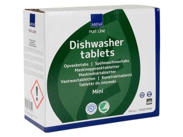 Opvasketabs, ABENA Puri-Line, mini, vandopløselig folie, uden klor, farve og parfume - (5 stk.) Opvasketabs, ABENA Puri-Line, mini, vandopløselig folie, uden klor, farve og parfume - (5 stk.)