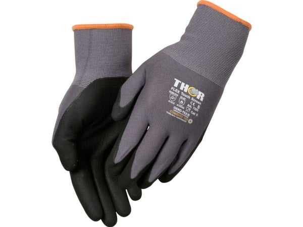 Fingerdyppet nitrilhandske, THOR Flex, 8, sort, nitril/polyester - (12 stk.)