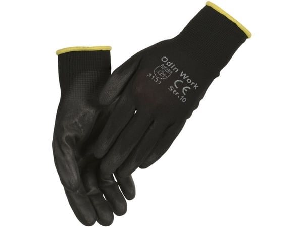 Fingerdyppet PU handske, ODIN Work, 10, sort, PA/polyester - (12 stk.)