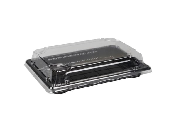 Sushi-bakke og lokk ABENA Cater-Line 5 18,5x13x4,3 cm 580 ml svart PET med gjennomsiktig lokk