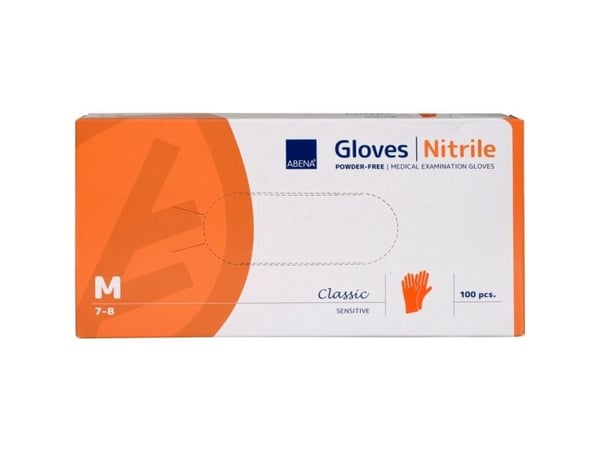 Undersøkelseshanske, ABENA Classic Sensitive, M, oransje, nitril, pudderfri - (100 stk.)