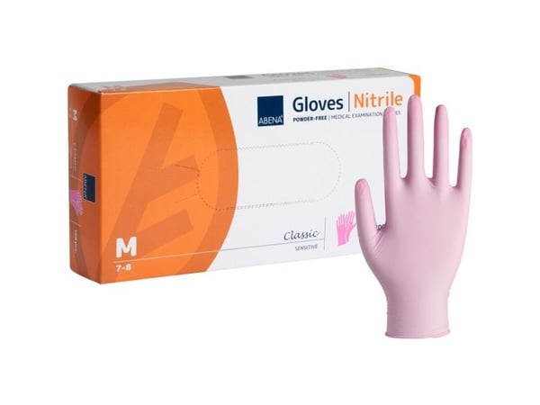 Undersökningshandske, ABENA Classic Sensitive, M, rosa, nitril, puderfri - (100 st.)