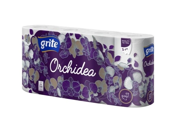 Toalettpapir, Grite Orchidea White, 3-lags, 17,4 m x 9,6 cm, hvitt, jomfrufiber - (7 pakker x 8 ruller)