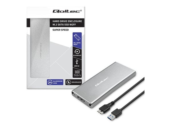 Qoltec Housing | M.2 SSD-stasjonsplass | SATA | NGFF | USB 3.0 | Superhastighet 5 Gb/s | 2TB | Sølv