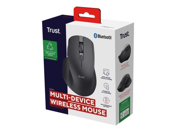 Trust Ozaa+ - Mus - multienhet - høyrehendt - optisk - 6 knapper - trådløs - 2.4 GHz, Bluetooth - USB trådløs mottaker - svart