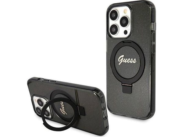 Deklas GUESS GUHMP14XHRSGSK iPhone 14 Pro Max 6,7" svart/svart HARDCASE RING STAND SCRIPT GLITTER MAGSAFE
