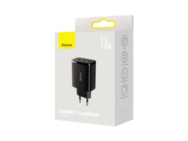 Baseus Compact-pikalaturi, 3x USB, 17W (musta)