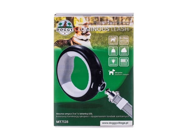DoggyVillage kraftig bånd 3-i-1 med LED-lommelykt, farget lys og dispenser for poser - Luminous Leash MT7128 (svart)