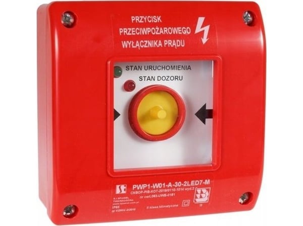 Spamel manuellt tryck för brand-/nödbrytare PWP1 (1NC) med CNBOP-certifikat - 2LED grön/röd 230V