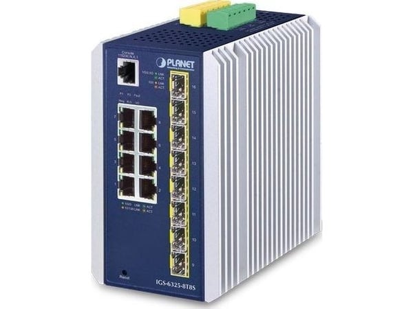 PLANET IP30 Industrial L3 8-Port, hanterad, L3, Gigabit Ethernet (10/100/1000), Full duplex, Monteringsbar på väggen