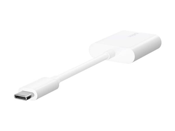 Belkin Connect Audio + Charge - USB-C til USB-C hodetelefoner / ladeadapter - USB-C hann til USB-C hunn - 14 m - hvit - USB Power Delivery (60W)