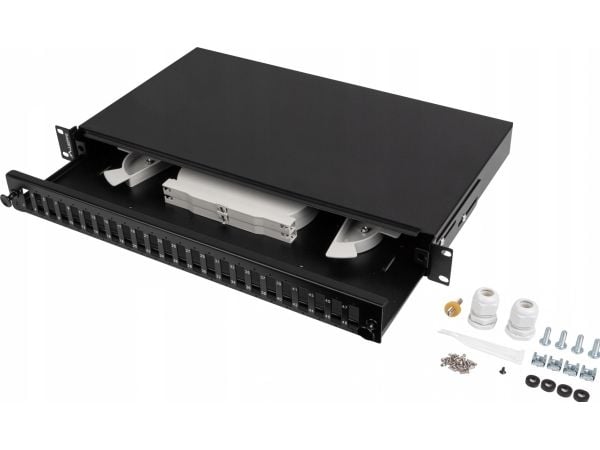 FIBEROPTIC PLANNER LANBERG 24XSC DUPLEX / 24XLC QUAD RACK 19" 1U SVART + TILBEHØR