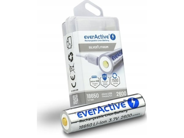 Batteri everActive 18650 3.7V Li-ion 2600mAh micro USB med beskyttelsesboks