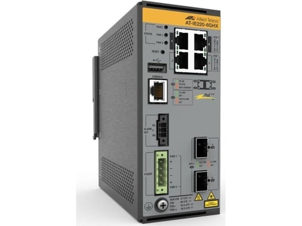 Allied Telesis AT IE220-6GHX - Switch - L2+ - Administrerad - 4 x 10/100/1000Base-T + 2 x 1 gigabit/10 gigabit SFP+ (upplänk) - DIN-skenmonterbar, ...