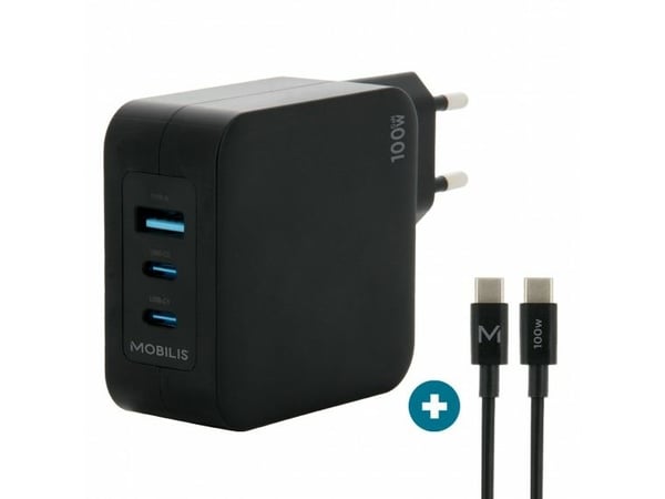 Mobilis - Strømadapter - rask, gan - 100 watt - QC, PD/PPS - 3 utgangskontakter (USB, 2 x USB-C) - svart - Europa
