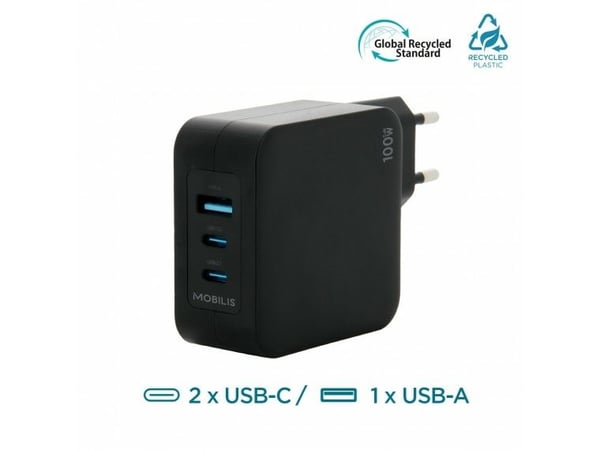 Mobilis - Strømadapter - rask, gan - 100 watt - QC, PD/PPS - 3 utgangskontakter (USB, 2 x USB-C) - svart - Europa