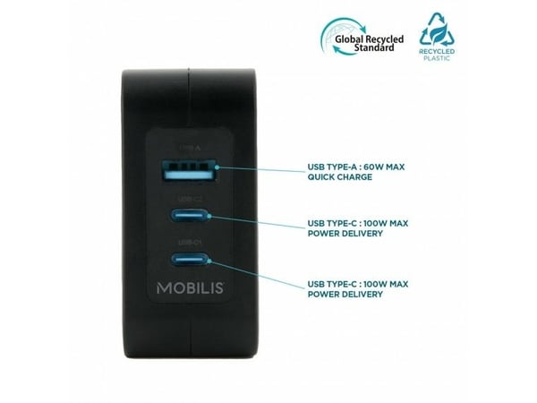 Mobilis - Strømadapter - rask, gan - 100 watt - QC, PD/PPS - 3 utgangskontakter (USB, 2 x USB-C) - svart - Europa