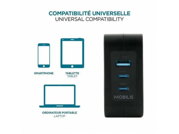 Mobilis - Strømadapter - rask, gan - 100 watt - QC, PD/PPS - 3 utgangskontakter (USB, 2 x USB-C) - svart - Europa
