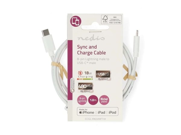 Nedis CCGL39650WT10, 1 m, Lightning, USB C, urosliitin, urosliitin, valkoinen