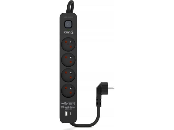 KERG suojavirtalaite katkaisijalla 4 pistorasiaa USB-C USB-A sort 5m 16A H05VV-F 3x1.5mm2