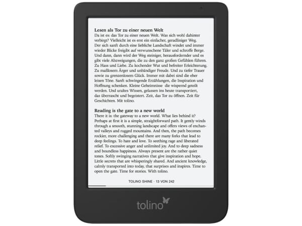 Tolino shine 5, 15,2 cm (6"), E ink carta, 1072 x 1448 pikseliä, CBR, CBZ, EPUB, MOBI, PDF, TXT, JPEG, PNG, 16 Gt, 16 GB