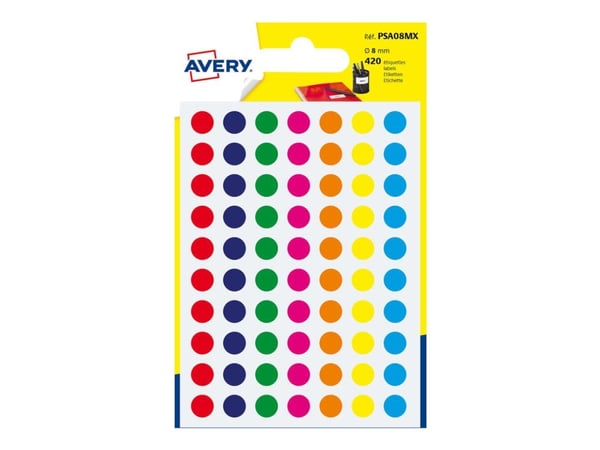 Etiketter Avery PSA08mx Ø8mm ass. farver (pakke á 420 stk.)