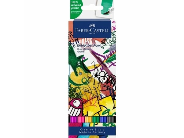 Faber-Castell Goldfaber Aqua Dual, Svart, Blå, Grønn, Lyserosa, Lilla, Gult, Grå, Fint, Resirkulert plast, Rund, Vann-basert blekk