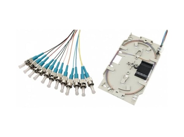 Tecline fiberoptisk skjøtekassett med 12x fiber pigtail OM3, farget, ST/UPC, 2,0 m, 12 stk (20500035)