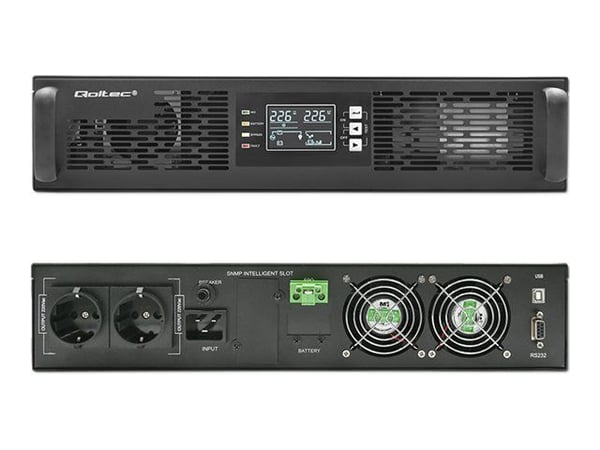 Qoltec - UPS (kan monteres i rack) - power factor 1.0, LCD, EPO, on-line - AC 110-300 V - 2000 watt - 2000 VA - 7 Ah - RS-232, USB - utgangskontakt...