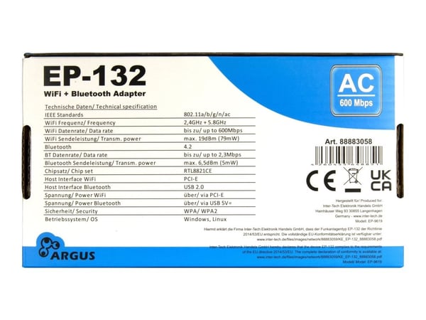 Argus EP-132 - Nettverksadapter - PCIe - Wi-Fi 5, Bluetooth 4.2, USB 2.0