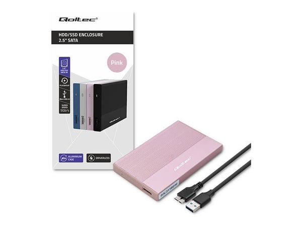 Qoltec aluminiumshus | SSD HDD 2,5" stasjonsplass | SATA | USB 3.0 | Superhastighet 5 Gb/s | 2TB | Rosa