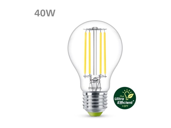Philips - LED-filamentlyspære - form: A60 - klar finish - E27 - 2.3 W (ekvivalent 40 W) - klasse A - kjølilg hvitt lys - 4000 K