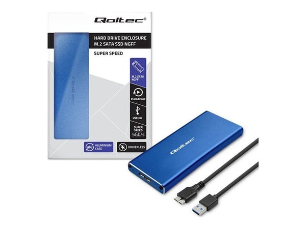 Qoltec Housing | M.2 SSD-stasjonsplass | SATA | NGFF | USB 3.0 | Superhastighet 5 Gb/s | 2TB | Žydra